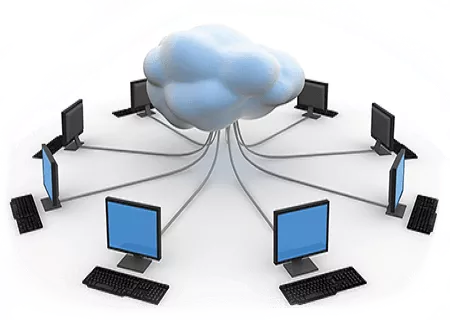 Computers in a circle attached to a cloud in the center.