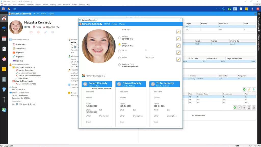 ABELDent's Patient Dashboard screen that displays patient information.