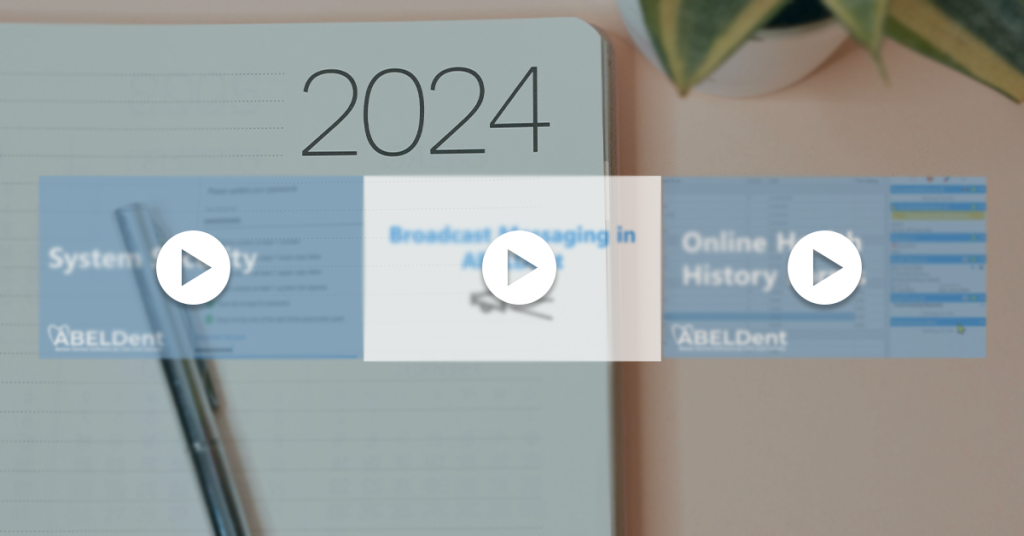 Three ABELDent video thumbnails blurred and overlaid on top of a picture of a 2024 day planner. A small plant is on the top right and also blurred, and a pen on the dayplanner is on the bottom right and is blurred.