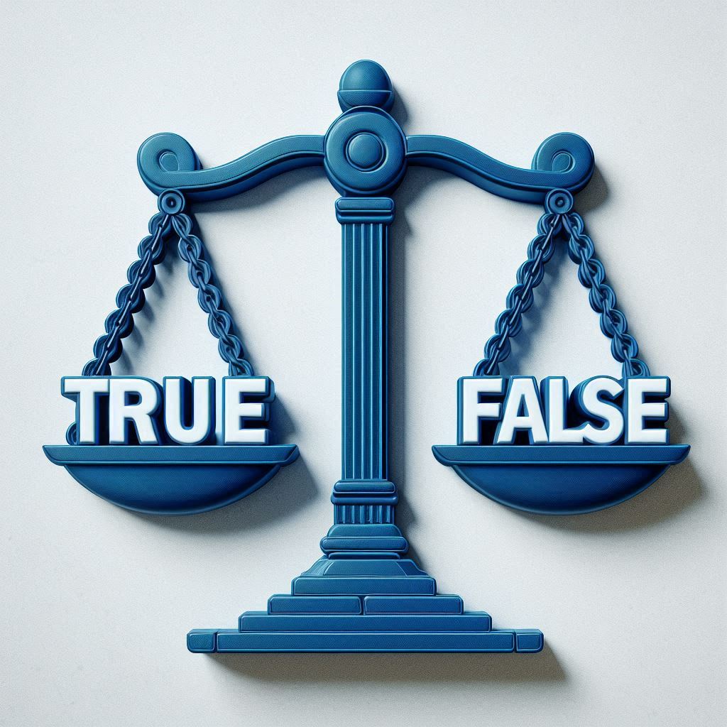 Icon depicting a blue scale with "true" on one side and "false" on the other side.