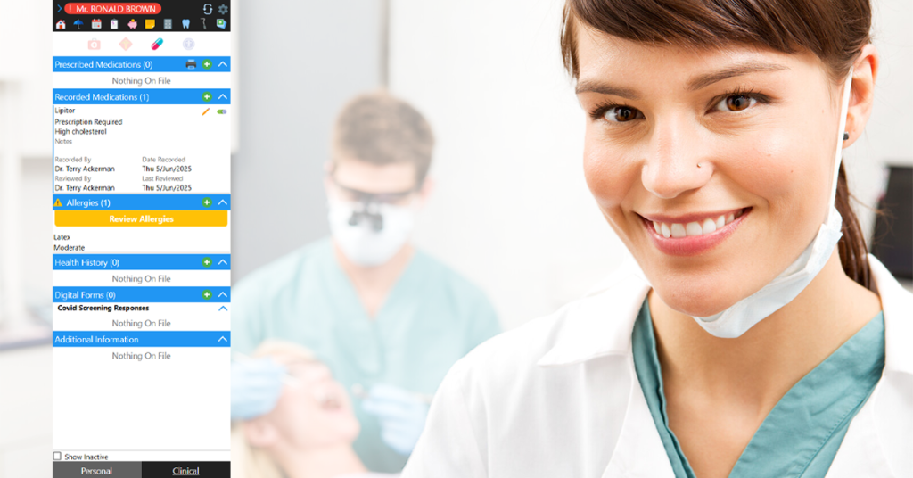 Doctor in foreground smiling at the camera, while a dental professional in the background works on a patient. A graphic of ABELDent's Patient Sidebar is shown on the left side of the image.