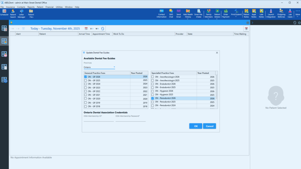 A screenshot displaying the various fee guides available for dentists to download in ABELDent version 15.