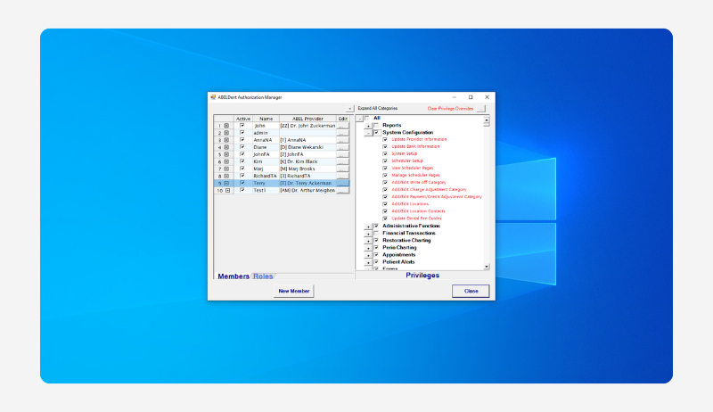 A screenshot of ABELDent's Authorization Manager displaying the Select Fee Guides checkbox being checked.
