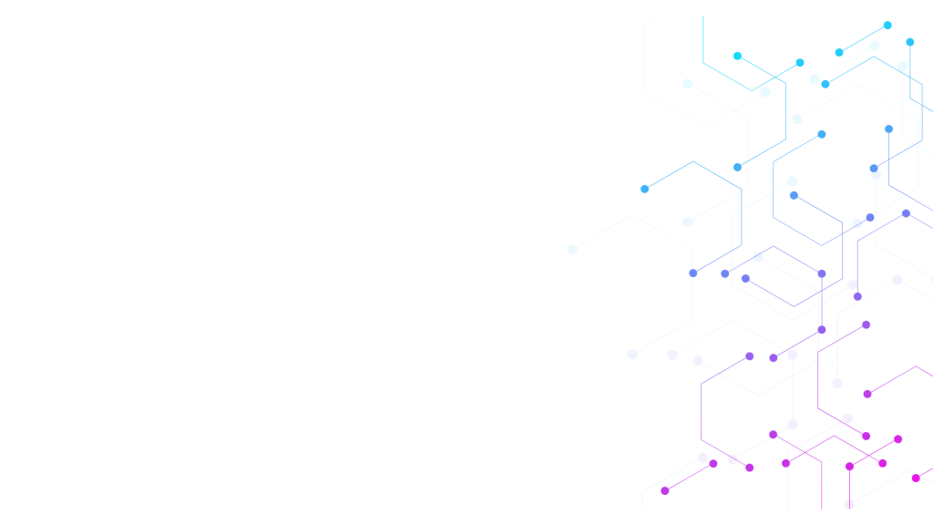 Plain white background with blue hexagons on the right side of the image that have dots at the line joints. The blue hexagons gradient to purple.