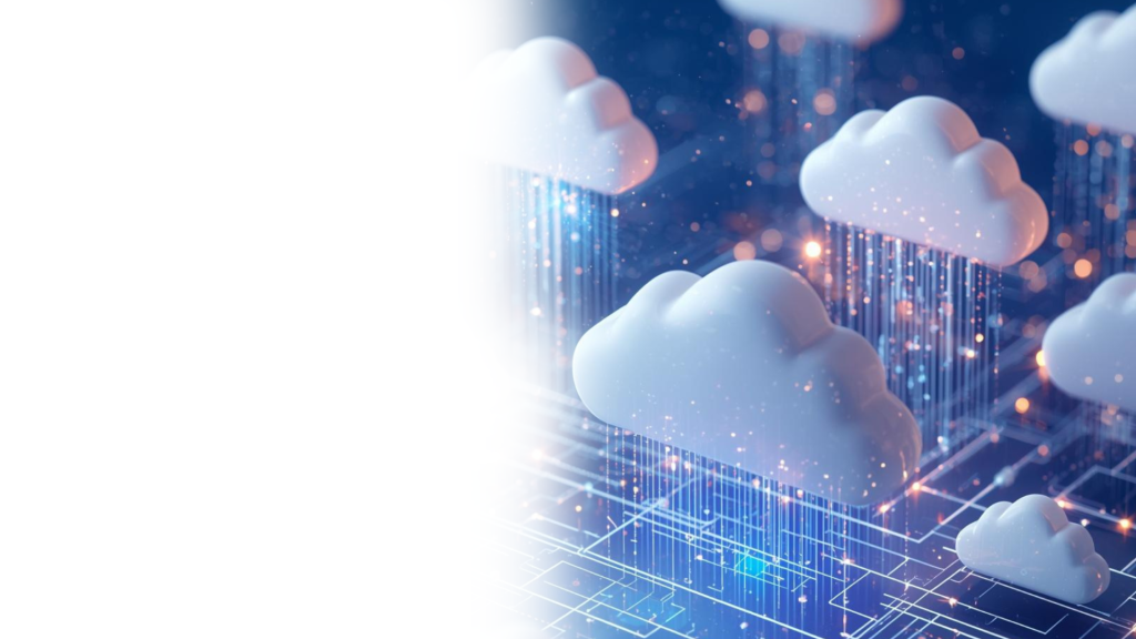 Image of 3D Cloud with lines of light and dotted lines surrounding it. The image of the cloud is in a circle frame.