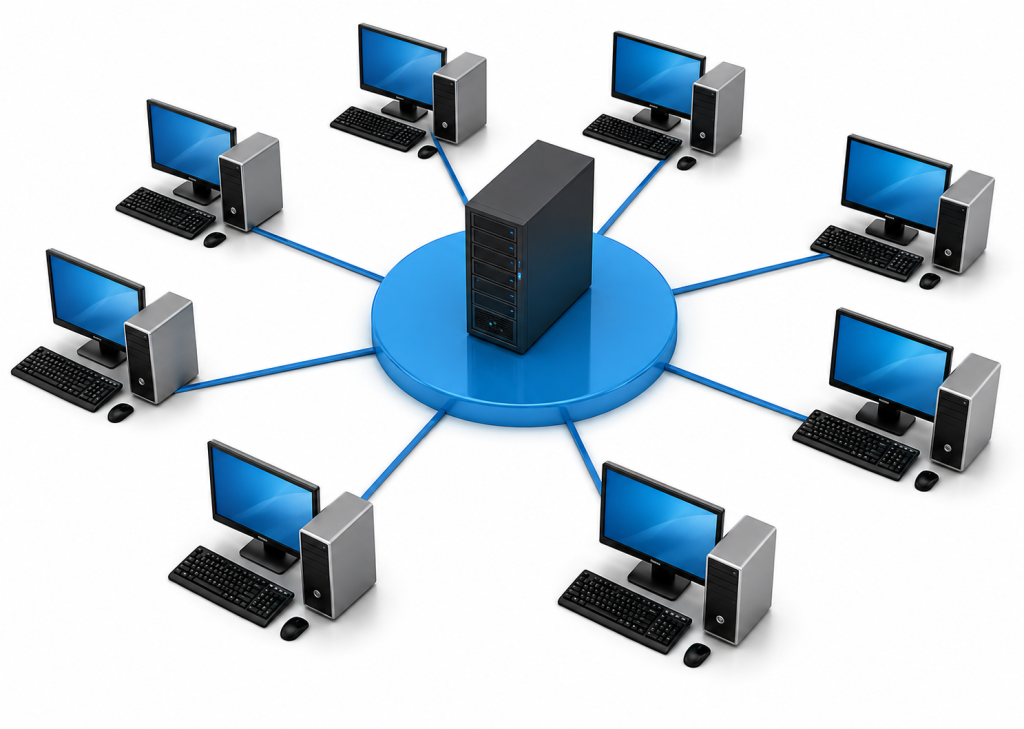 Computer icons surrounding a server tower