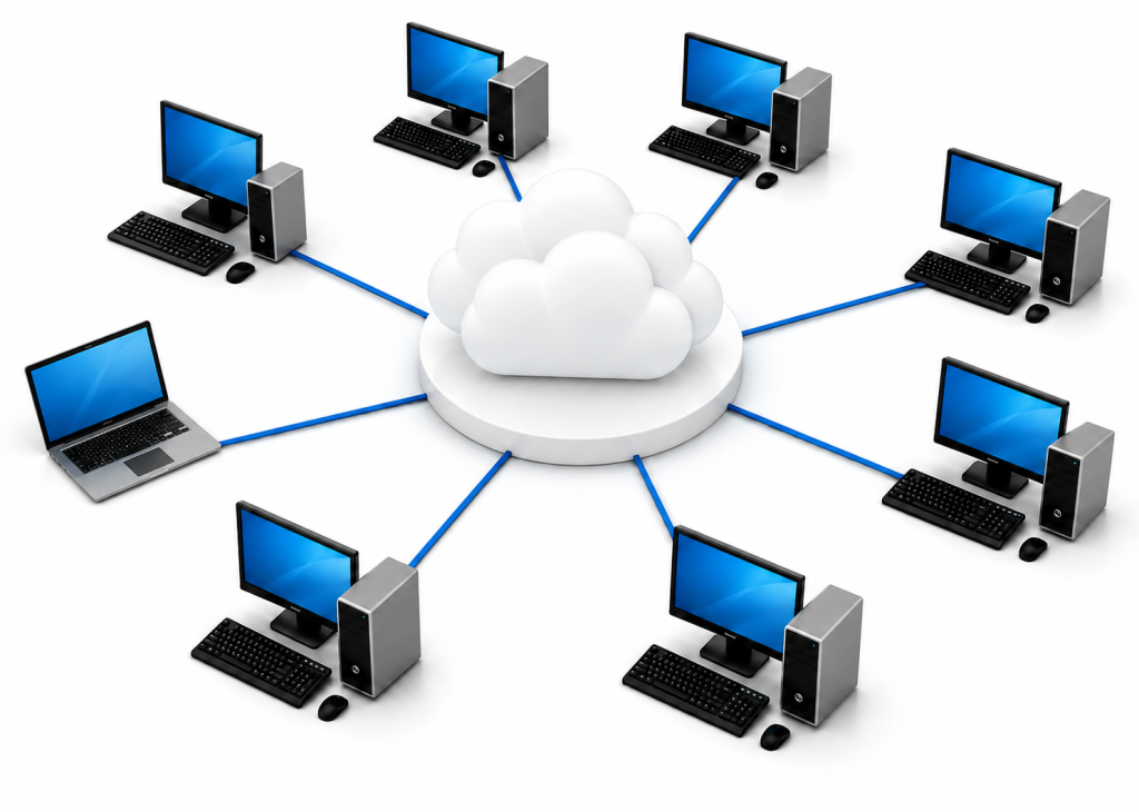 Computers and a single laptop in a circle attached to a cloud in the center.