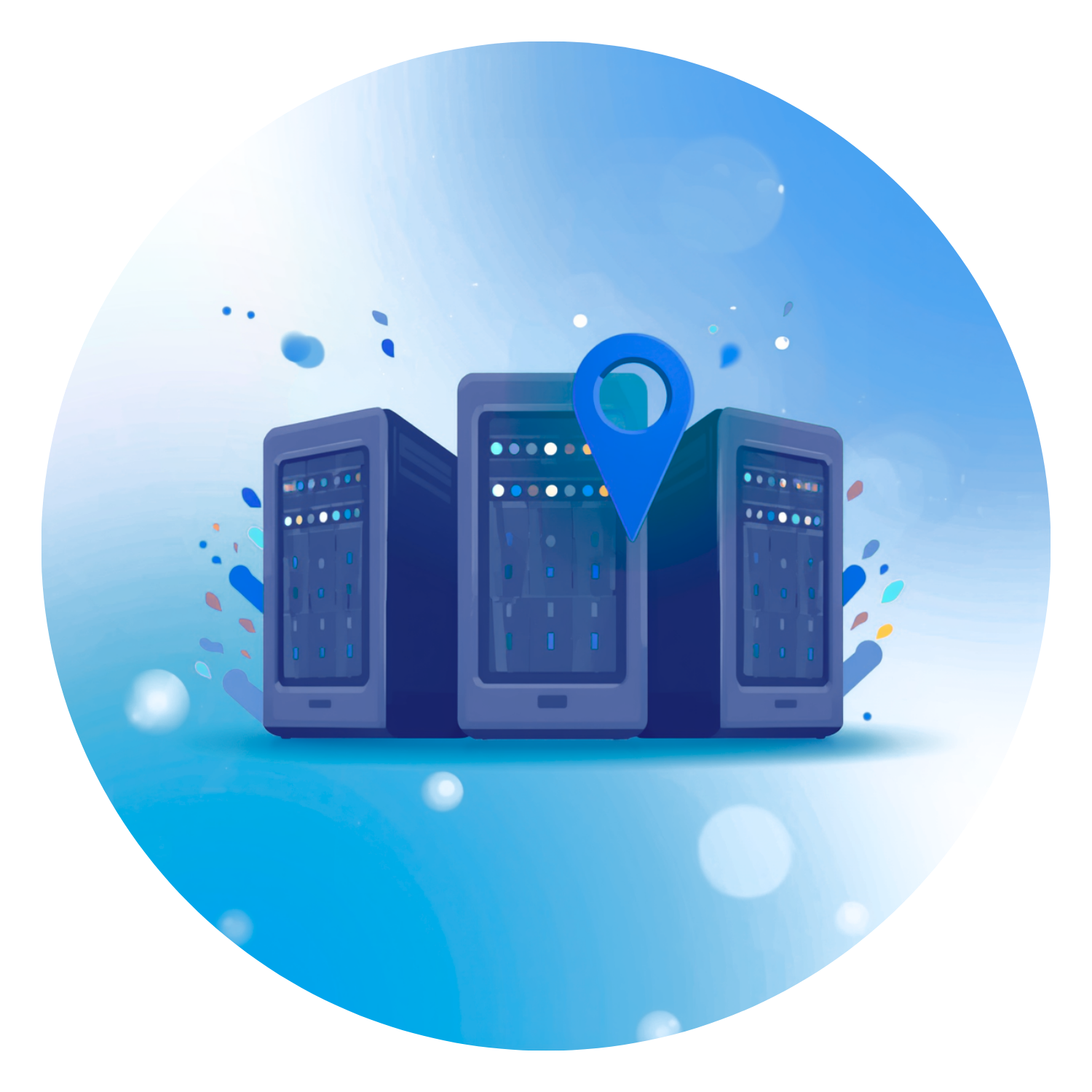 An image depicting three servers with a map pin indicating they are local servers.