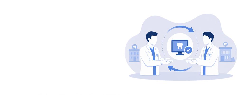 Two icon-based dentists changing over systems, indicating a license transfer. A monitor with a tooth in appears in the center of the screen with arrows indicating the screen with a tooth on it is changing hands.